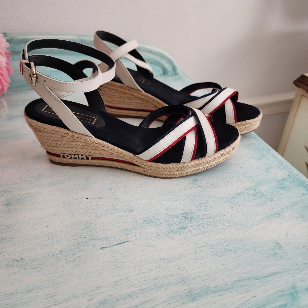 Tommy Hilfiger White, Navy & Red Espadrille Wedge Sandals